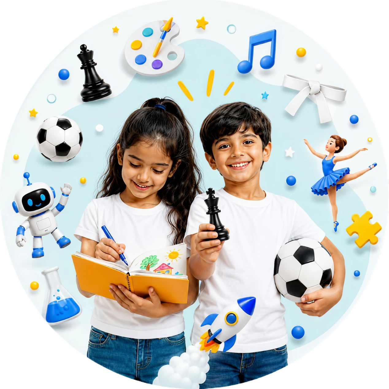 Children exploring chess, robotics, dance, art, and sports activities