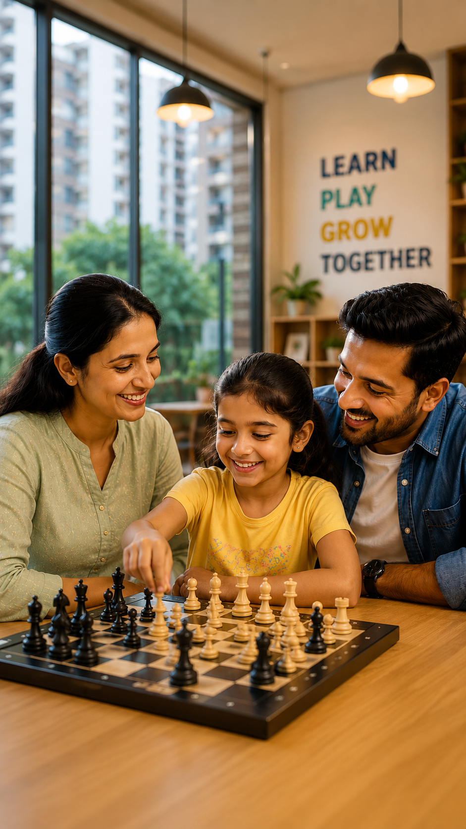 Parents and their daughter playing chess together