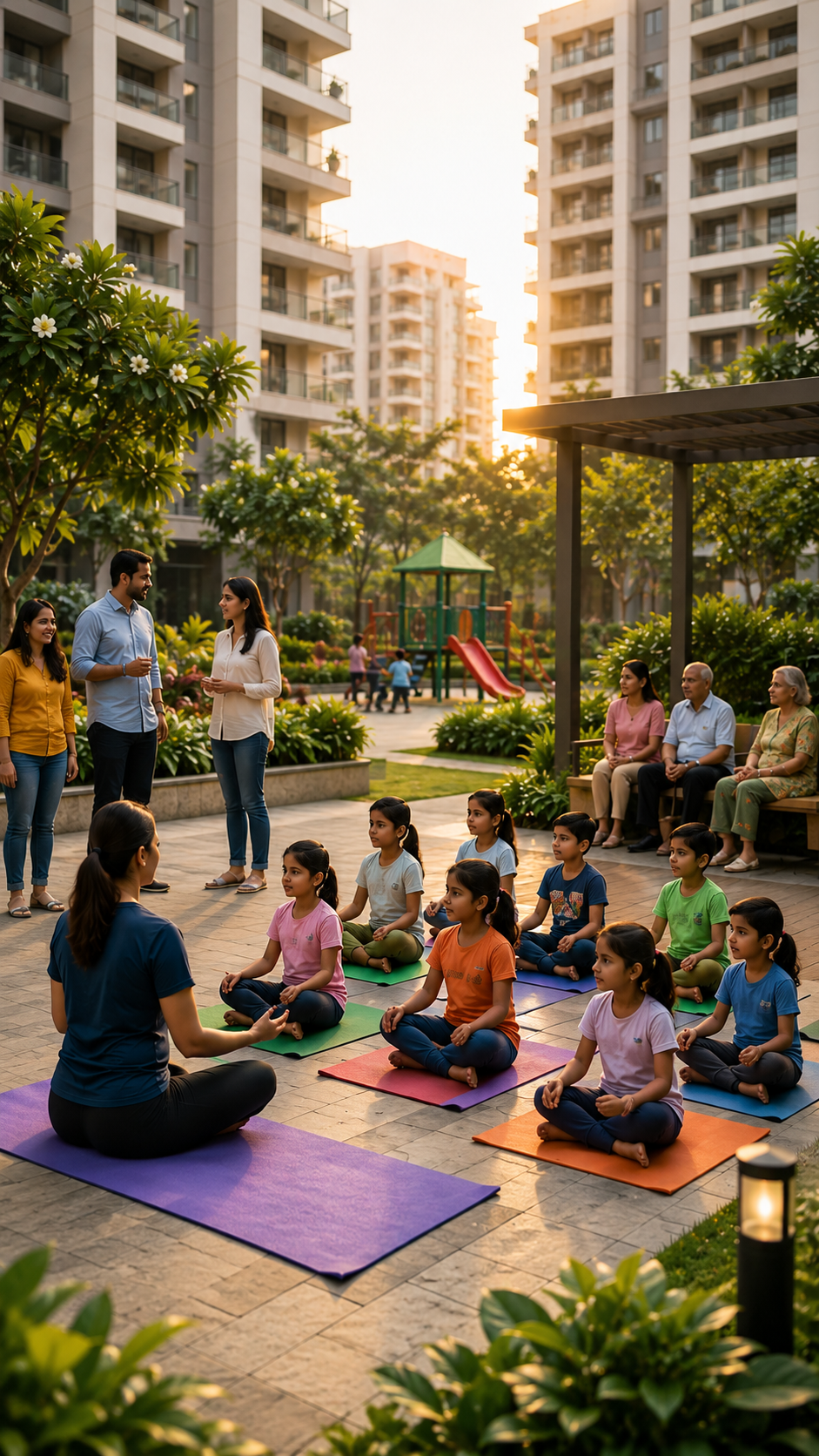 Children participating in an outdoor yoga class in a residential society